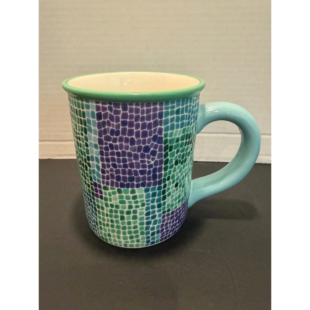Starbucks 2002 barista mosaic tile, coffee mug, purple blue green